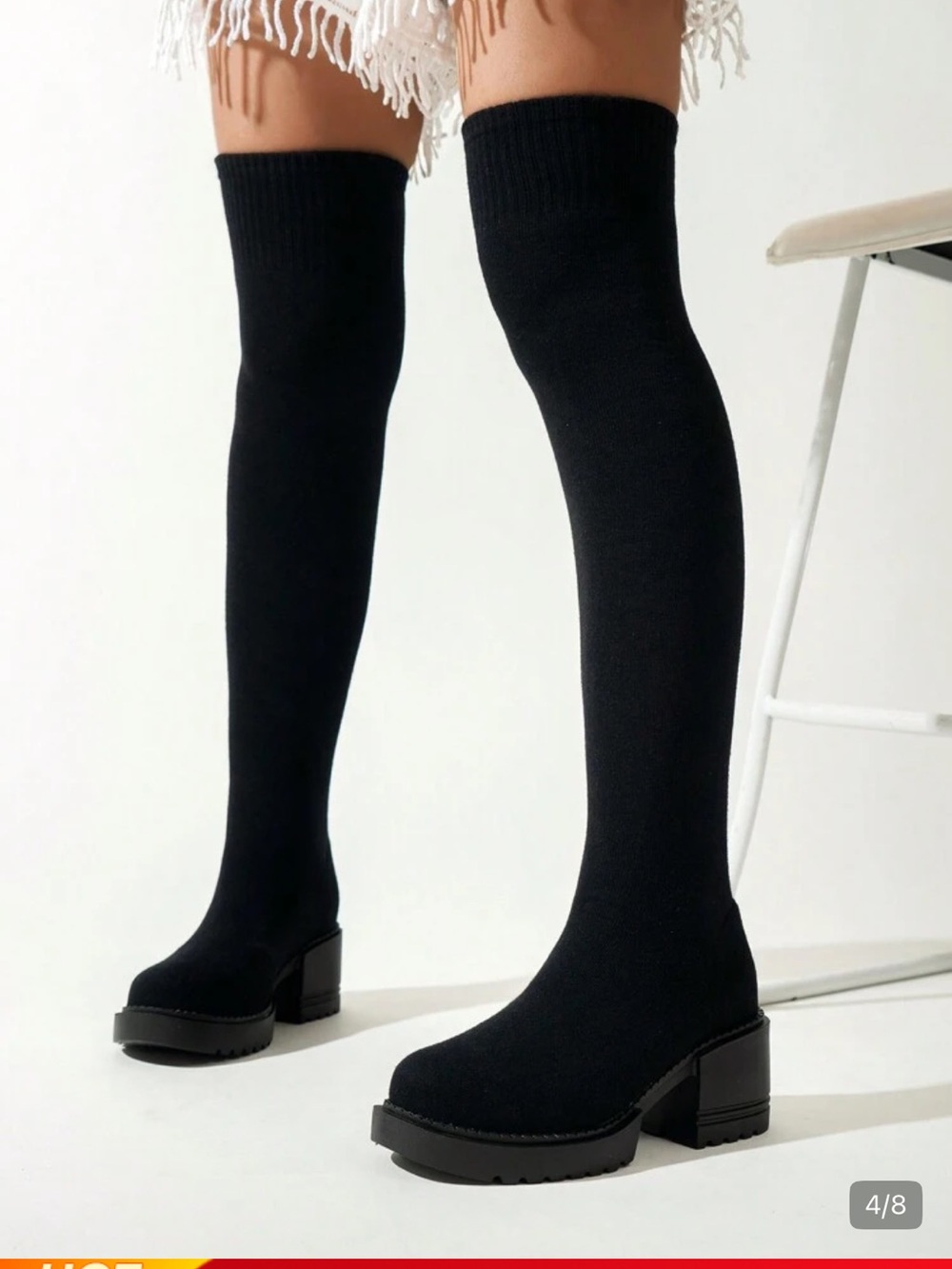 Black Over-the-Knee Sock Boots - Stylish Chunky Heel